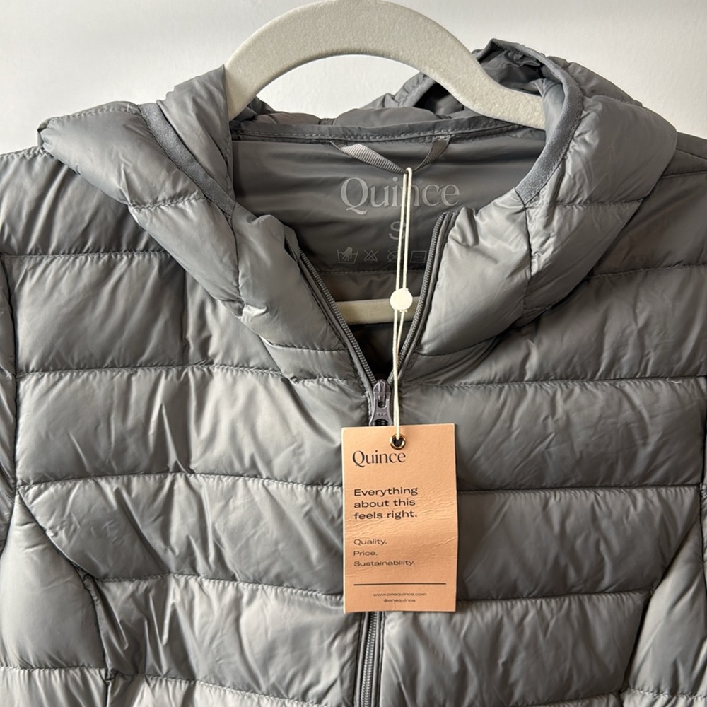 Quince Gray Hooded Puffer Coat Lightweight Down Long  Jacket NWT small - Picture 7 of 13